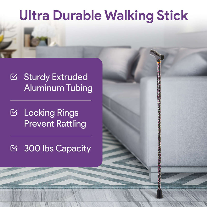 Adjustable Height Folding Walking Cane - Folds to 4 Parts - Black Floral Design