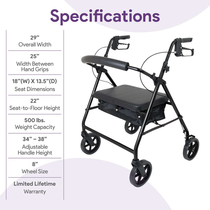 Bariatric Rollator Walker with Seat - Heavy Duty 500 lb Weight Capacity