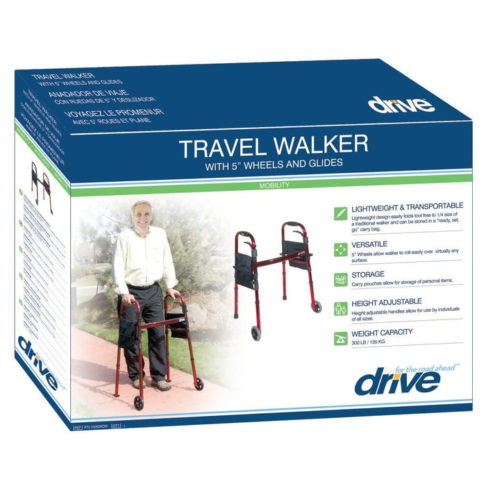 Portable Folding Travel Walker with 5" Wheels and Fold up Legs