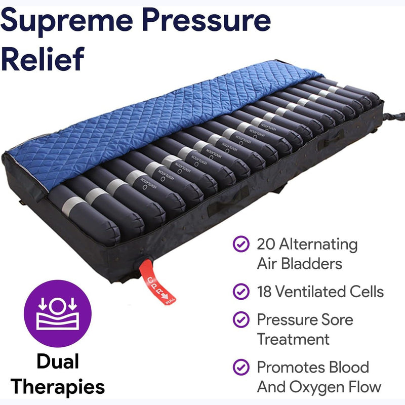 Colchón de presión alterna de baja pérdida de aire - Base de fibra de 3", rieles - 36"x80"x8/11"