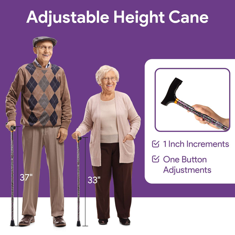 Adjustable Height Folding Walking Cane - Folds to 4 Parts - Black Floral Design