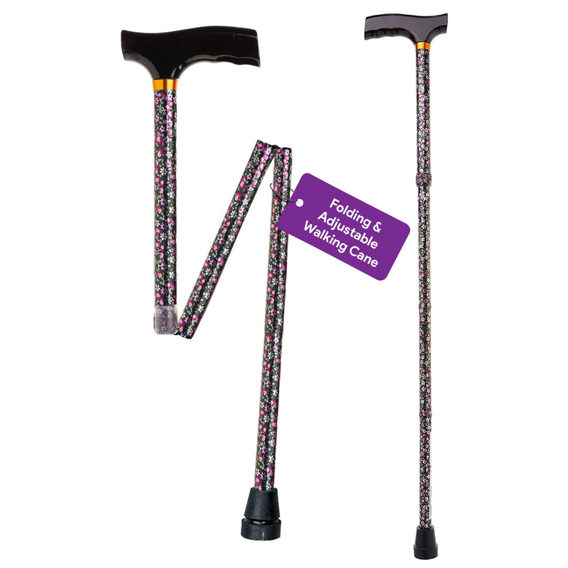 Adjustable Height Folding Walking Cane - Folds to 4 Parts - Black Floral Design
