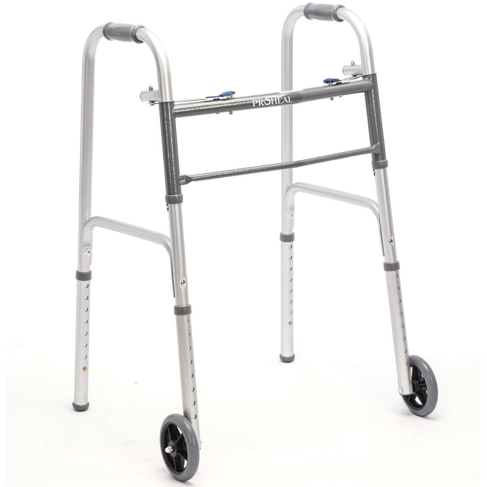 Two-Button Folding Adult Walker with Wheels Steel - Case of 4