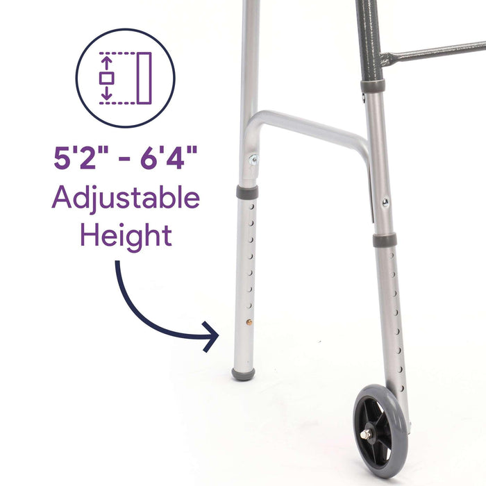 Two-Button Folding Adult Walker with Wheels Steel - Case of 4