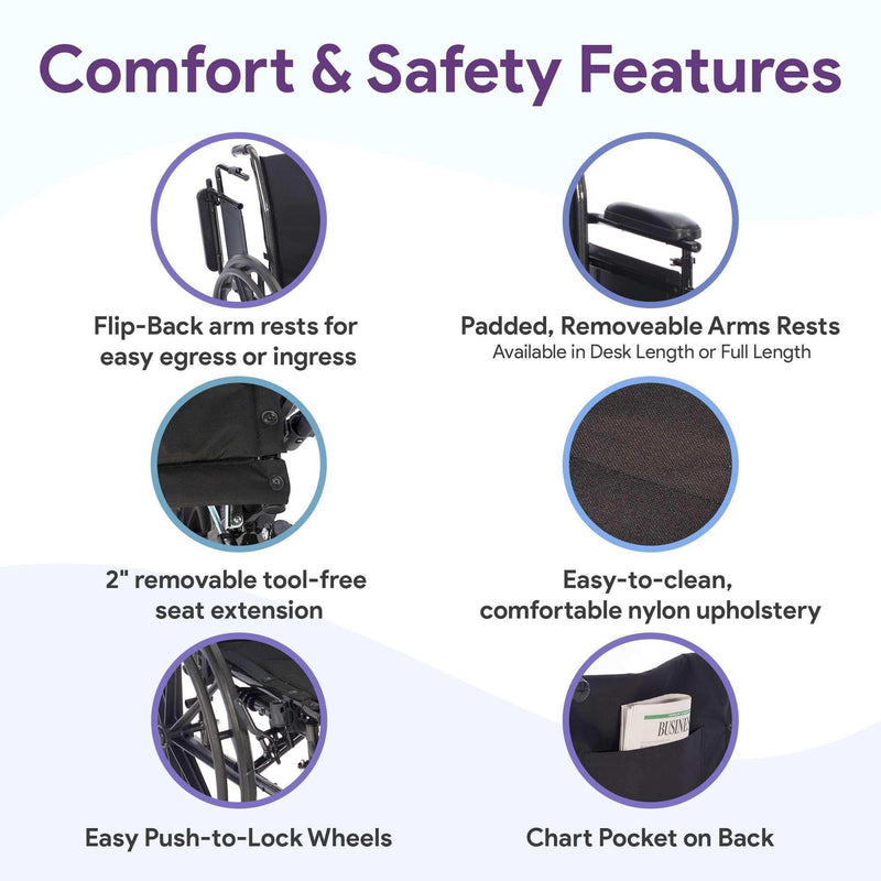 K3 Wheelchair, Detachable Full Arms, Elevating Leg Rests, 18 Seat with Anti-Tippers, Seatbelt and Cushion