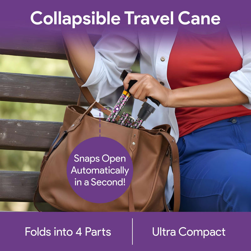 Adjustable Height Folding Walking Cane - Folds to 4 Parts - Black Floral Design