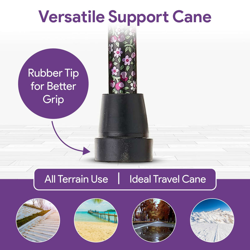 Adjustable Height Folding Walking Cane - Folds to 4 Parts - Black Floral Design