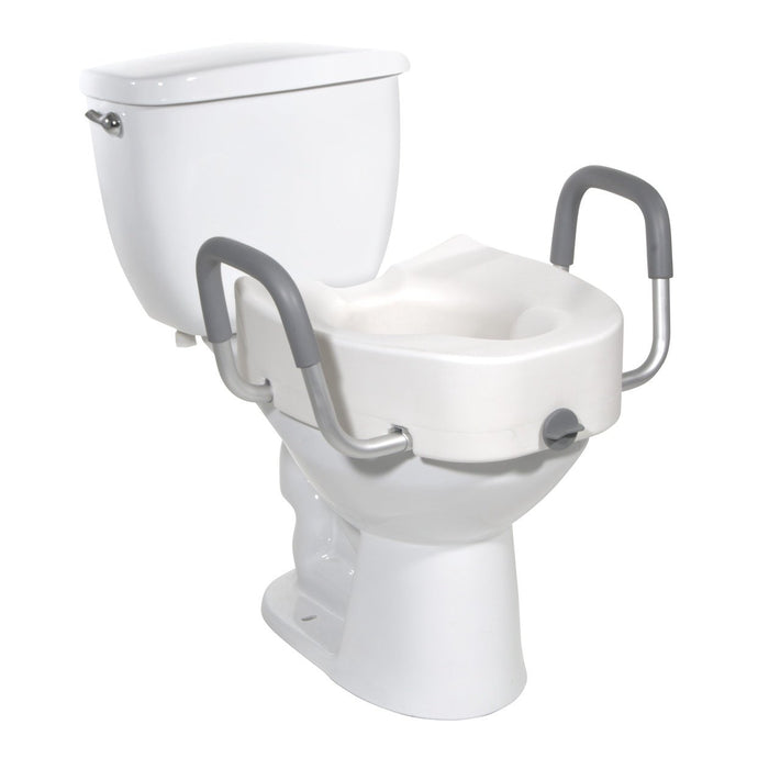 Premium Plastic Raised Toilet Seat with Lock and Padded Armrests, Elongated